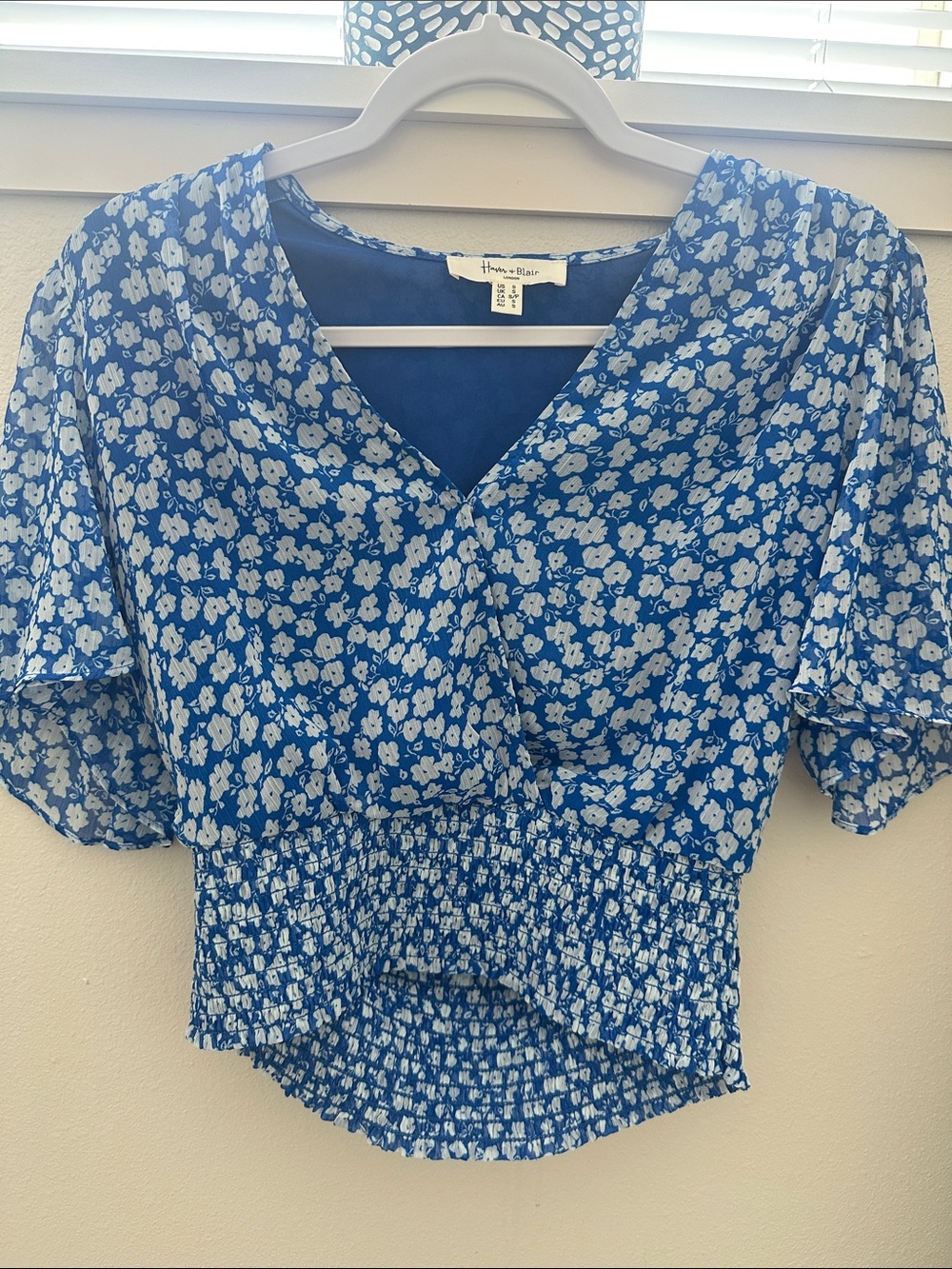 Love Tree Royal Blue Floral Smocked V-Neck Blouse